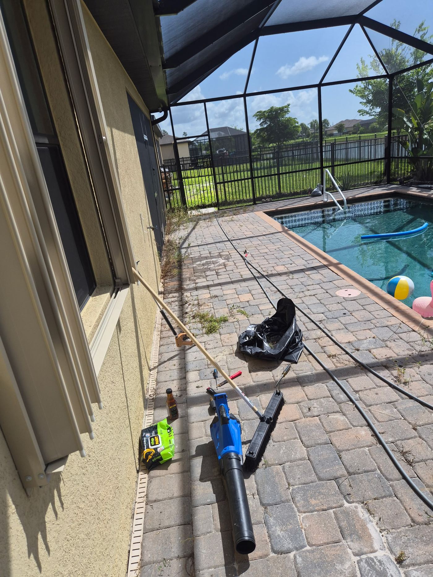 Weedy, dirty pool deck pavers before cleaning and sealing in Sarasota FL