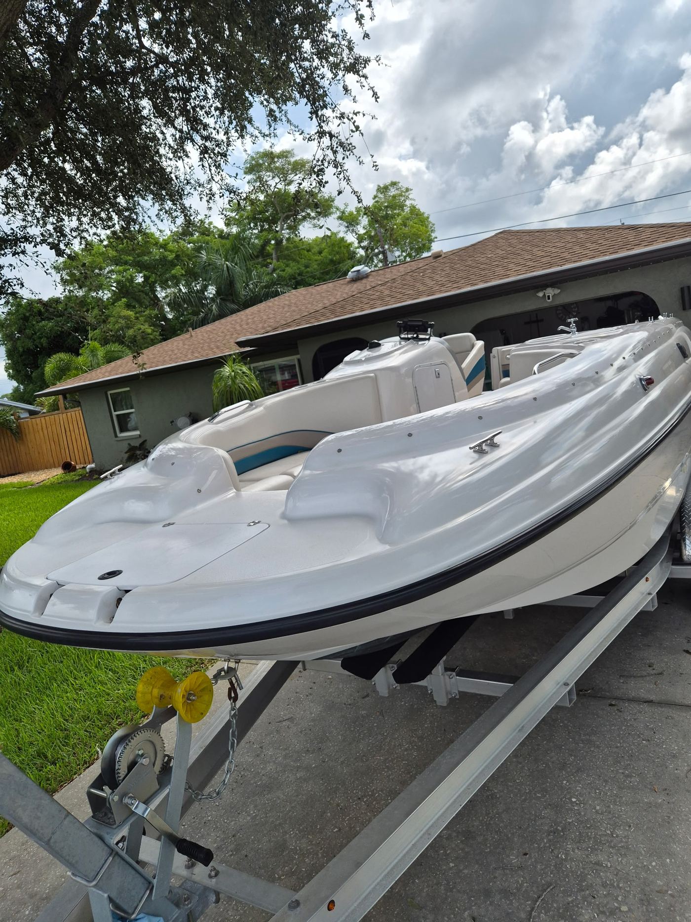 Boat gel coat detailing and polishing in Sarasota FL, restored to a glossy finish