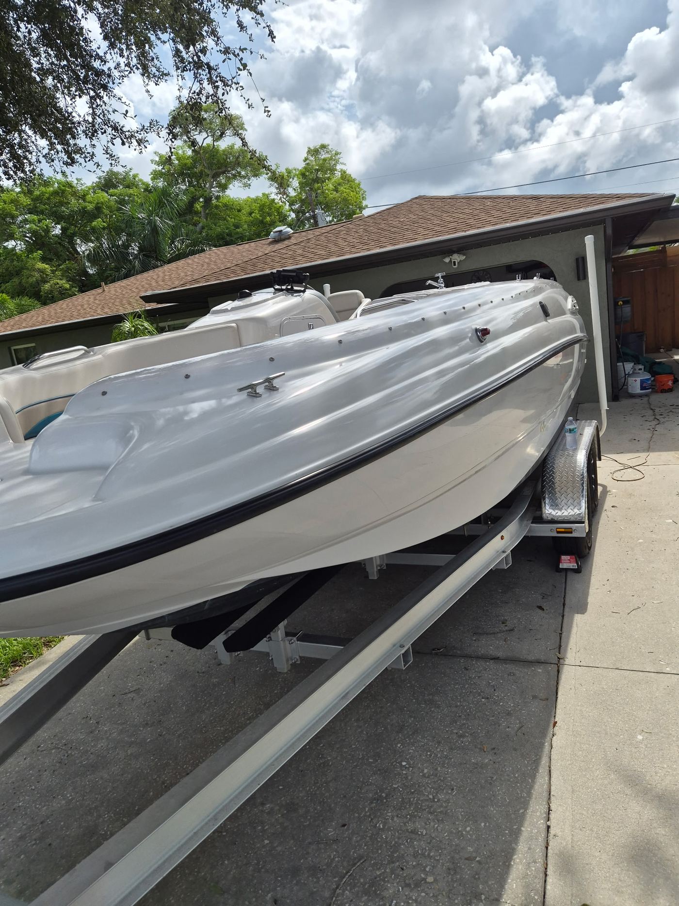 Detailed boat bow with restored glossy gel coat finish in Sarasota FL
