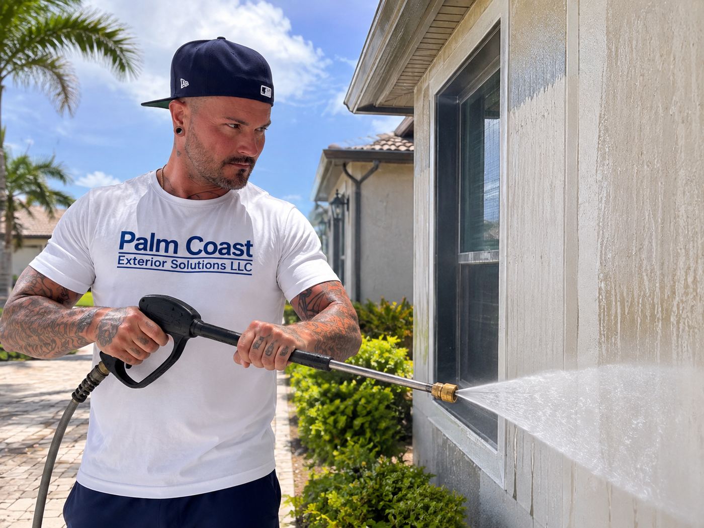 Soft washing a home exterior wall and window in Sarasota FL